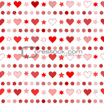Seamless background with patterned hearts, dots and stars