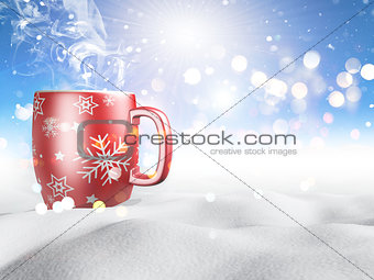 3D mug of hot drink nestled in snow