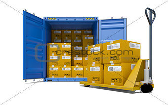 Cargo container with boxes and pallet trolley