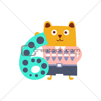 Bear Standing Next To Number Six Stylized Funky Animal
