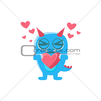 Blue Monster With Horns And Spiky Tail Holding Heart
