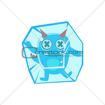 Blue Monster With Horns And Spiky Tail Frozen In Ice Cube