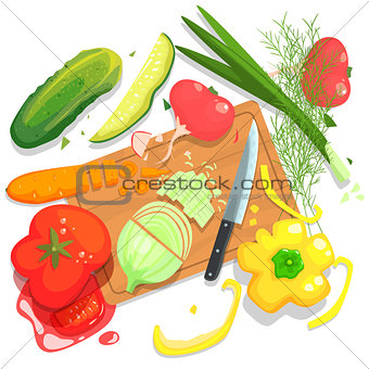 Cutting Vegetables Illustration, With  Board And Fresh Crops