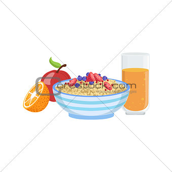 Muesli, Fruit And Orange Juice Breakfast Food  Drink Set