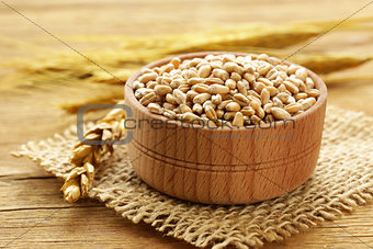 Natural organic wheat. Grain in a wooden bowl