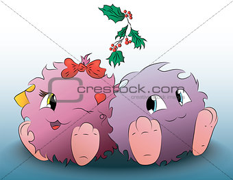 two cute cartoon monster Christmas mistletoe