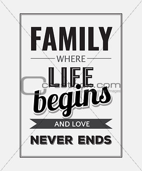 Retro motivational quote. " Family where life begins and love ne