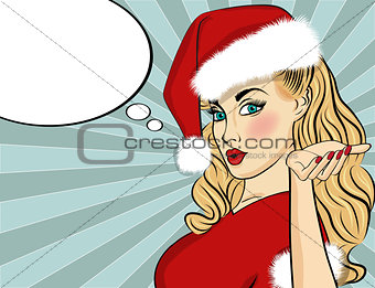 Pop art Santa girl. Pin up Santa girl. Santa Girl with speech bu
