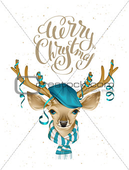 Christmas deer head in blue fashionable hat and striped scarf. Merry Christmas. Lettering text