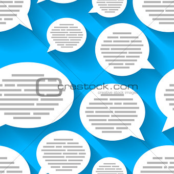 White speech bubbles with text on blue background, seamless pattern
