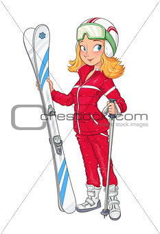 Beautiful girl in helmet with mountain ski. Sport
