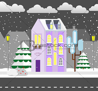 Flat style winter house. Cottage. Vector illustration. Snowfall background.  design  card.