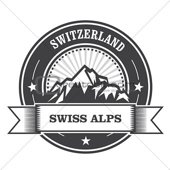 Alps Mountains stamp - Switzerland label with ribbon