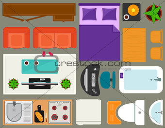 apartment furniture set overhead top view