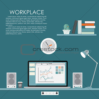 Modern Workplace. Vector illustration. Flat Computing Background