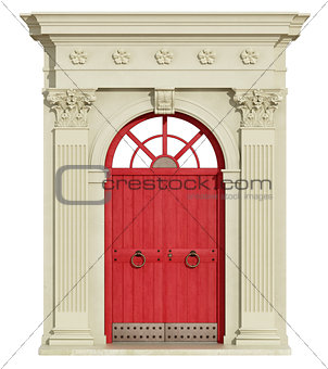 Front view of a classic arch with red door
