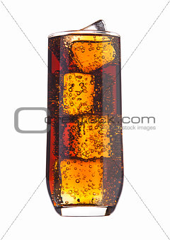 Glass of cola with ice cubes and bubbles isolated