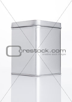 Emty tea steel container jar on white background