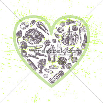 Ink hand drawn veggies in heart shape
