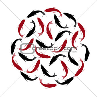 Carp, set of koi carps, red and black fish. Hand drawn circle fishes.
