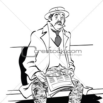 Retro man with a newspaper on the bench