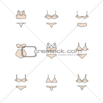 Vector ladies underwear icons. Bras and panties, modern, retro, sexy, sporty, every day