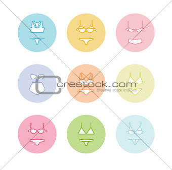 Pastel lingerie icons. Panties and bras different shapes sizes