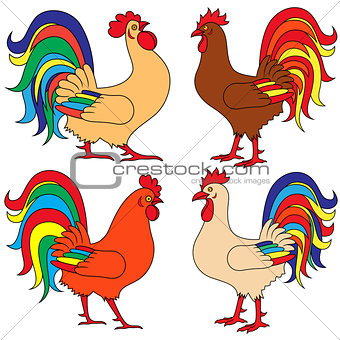 Set of four colourful Roosters