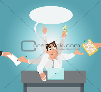 Office worker with six hands with and multi tasking