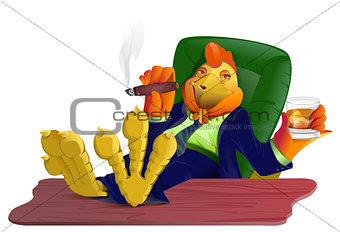 Red gold fat cock boss with cigar and whiskey put his feet on table. Rooster symbol 2017
