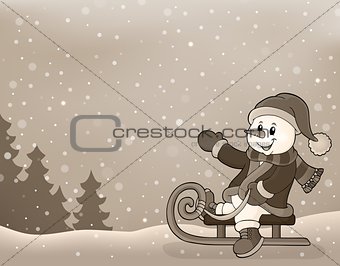 Stylized image with snowman on sledge