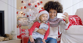 Woman and child posing for camera phone