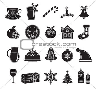 Christmas black silhouette icons set.  of traditional  symbols.  design elements.Vector illustration