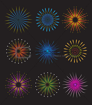 Fireworks icons set.  vector on black background. Holiday and party firework  collection.  illustration