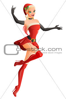 Woman in red Christmas Santa costume presenting and flying