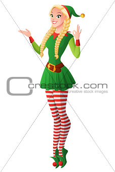 Cute girl with braids in green Christmas elf costume flying.