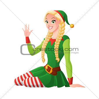 Pretty girl in Christmas elf costume greeting. Vector illustration.