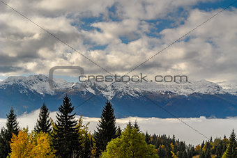 Snow covered mountains with mist and trees in the foreground.