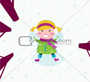 Cute Winter girl lying on Snow and making Angel