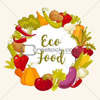 Eco food typographic poster with round decorative frame composed of vegetables vector illustration