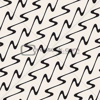 Hand Drawn Wavy Diagonal Lines. Vector Seamless Black and White Pattern.