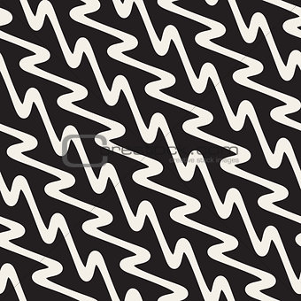 Hand Drawn Wavy Diagonal Lines. Vector Seamless Black and White Pattern.