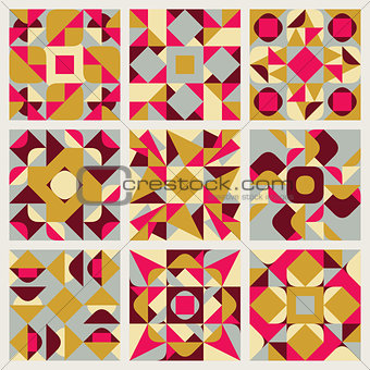 Set of Nine Vector Seamless Blue Pink Yellow White Colors Retro Geometric Ethnic Square Quilt Pattern Collection