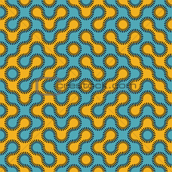 Vector Seamless Blue and Yellow Rounded Circle Maze Dashed Line Truchet Pattern