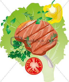 bright juicy grilled  meat on the bone,  a lettuce leaf