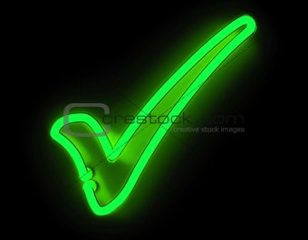 3d render neon check icon isolated on black background