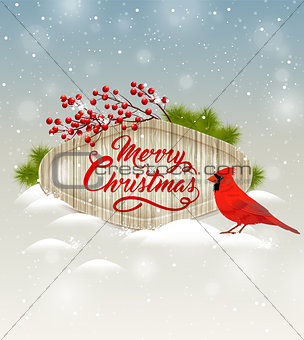 Background with red berries and cardinal