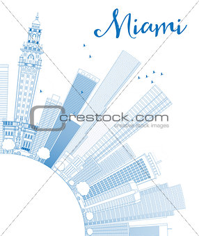 Outline Miami Skyline with Blue Buildings and Copy Space.