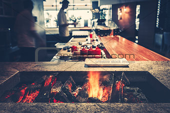 modern restaurant with fireplace