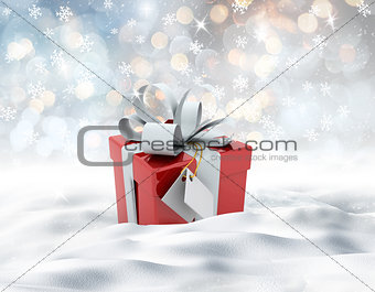 3D snowy landscape with Christmas gift nestled in snow